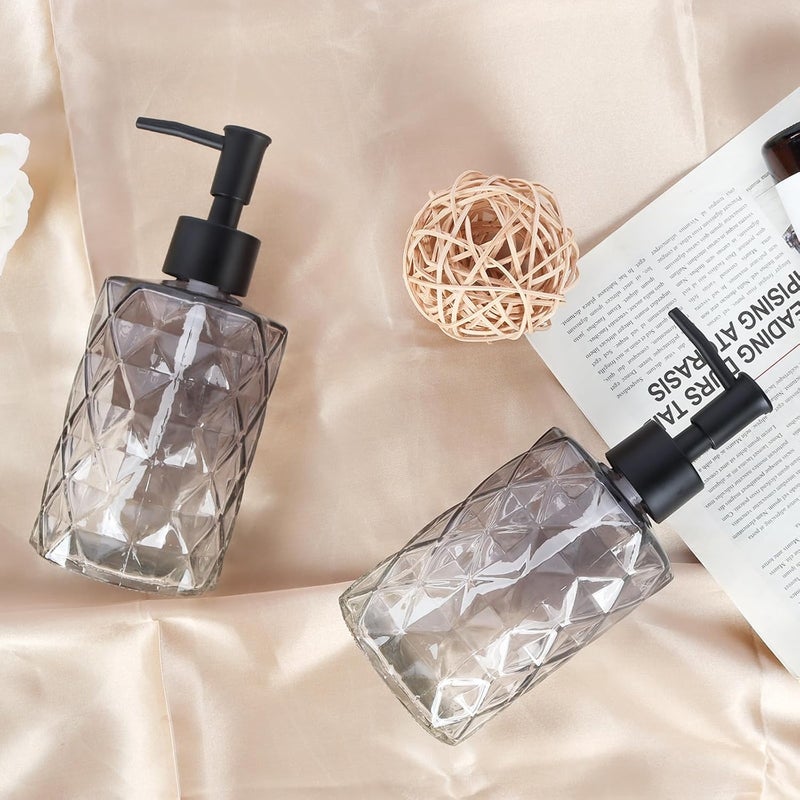 Ulable Glass Soap Dispenser with Plastic Pump, 2 Pack 12oz Gradient Diamond Design Black Soap Dispenser for Dishwashing Liquid, Lotion Shower Gel - Image 4